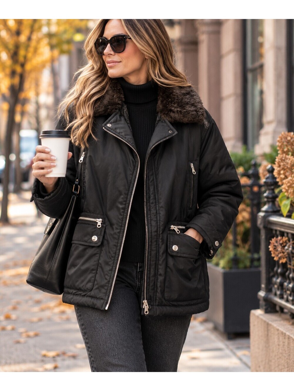 Colebrook Women’s Black Moto Puffer Jacket Faux Fur Collar Size S Vintage